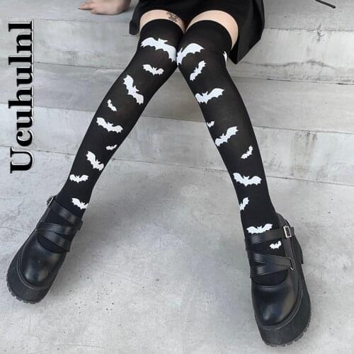Ucuhulnl Gothic Skinny Black Long Socks Harajuku Streetwear Bat Print Stockings Women Halloween Thigh High Socks Party Stockings
