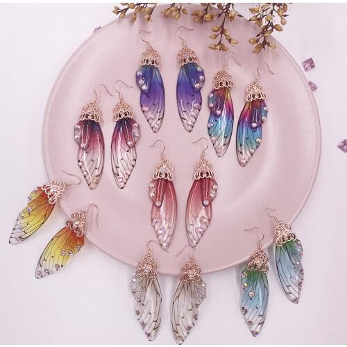 Minar Fantasy Rainbow Gradient Resin Cicada Wings Drop Earrings for Women Rhinestone Sequins Butterfly Earrings Wedding Jewelry