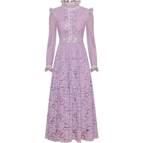 High Quality Autumn New WomenS Fashion Party Casual Vintage Elegant Chic Gentlewoman Pearl-Like Button Lace Slim Midi Dress