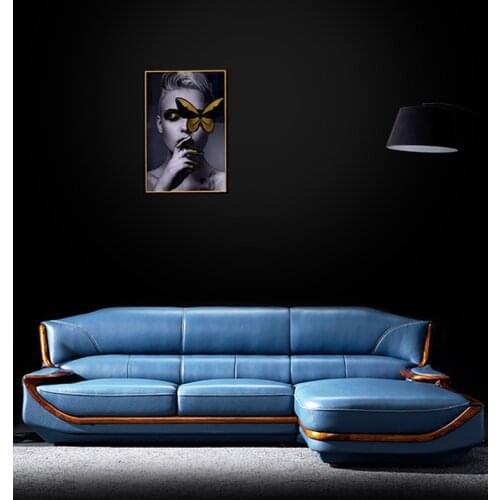 Wujin solid small and large, simple, modern hair, cow leather combination furniture, wood sofa, living room