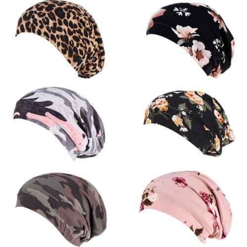 Women Satin Lined Sleep Cap Leopard Floral Camo Print Double Layer Slouchy Bonnet Beanie Chemo Muslim Hair Slap Hat