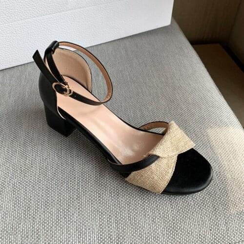 YQBTDL Black Block Square Heels Summer Women Sandals High Heels Beige Daily Ankle Strap Hemp Cloth Design Womens Sandals Shoes