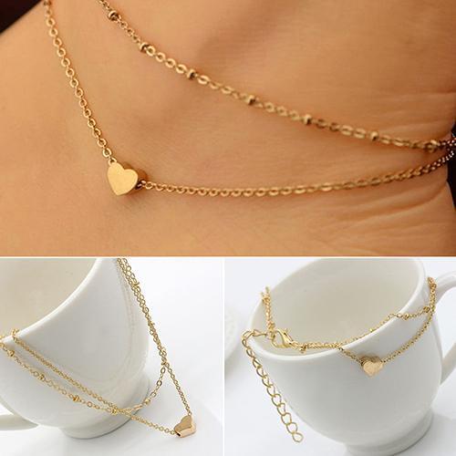 Womens Layering Simple Heart Pendant Anklet Beaded Ankle Bracelet Summer Beach Leg Chain Womens Accessories