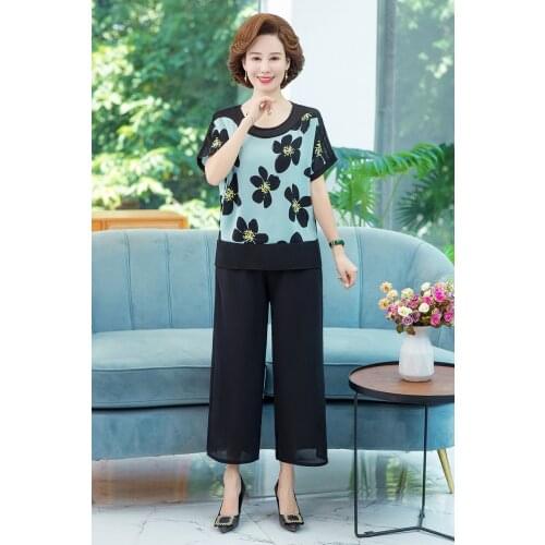 New Summer New 2 Piece Set Women Chiffon Print shirt Tops Two Pieces Plus Size Loose Short sleeve T-shirt + Leg Pants Suits