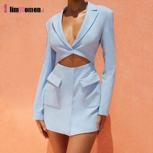 Autumn Women Sexy Notched Collar Hollow Out Buttons Jacket Office Ladies Dresses Outfits Fashion Long Sleeve Chic Blazer Dress