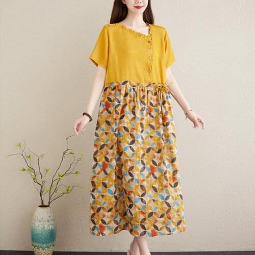 Patchwork Cotton Linen Print Floral Vintage Dress 2021 New Draw String Loose Summer Women Casual Dress Office Lady Work Dress