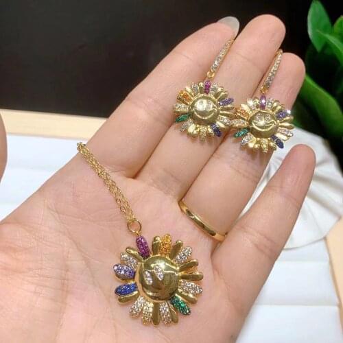5Pcs Rainbow CZ Pave Sun Flower Smiley Face Charm Pendant Crystal Zircon Happy Face Pendant Jewelry Necklaces For Gift