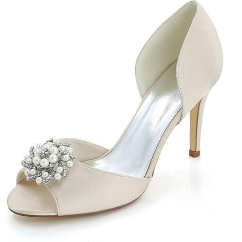 Creativesugar satin D'orsay pearl rhinestone charm open toe woman shoes bridal wedding party elegant dress separate pumps heels