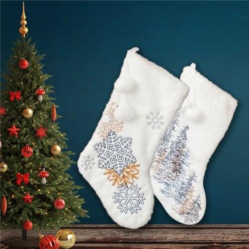 White Christmas Stocking Snowflake Embroidery Christmas Gift Candy Bag Xams Tree Pendant Ornaments Fireplace Festival Home Decor
