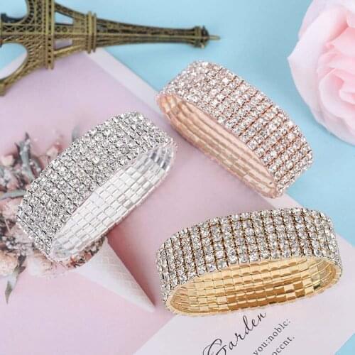 6 Rows Diamante Rhinestone Elastic Bridal Bangle Bracelet Bridesmaid Bracelet Jewelry Gifts
