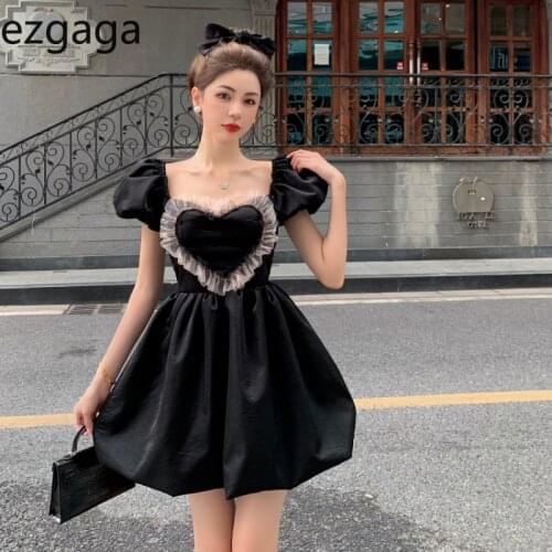 Ezgaga Heart Dress Women Puff Sleeve Mesh Patchwork Summer 2021 New Ball Gown Dresses Solid Vintage Elegant Korean Vestidos