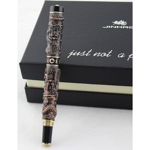 Jinhao Gray Vintage Luxury Metal Calligraphy Fountain Pen Bent Nib Beautiful Dragon Texture Carving Office Bussiness Pen