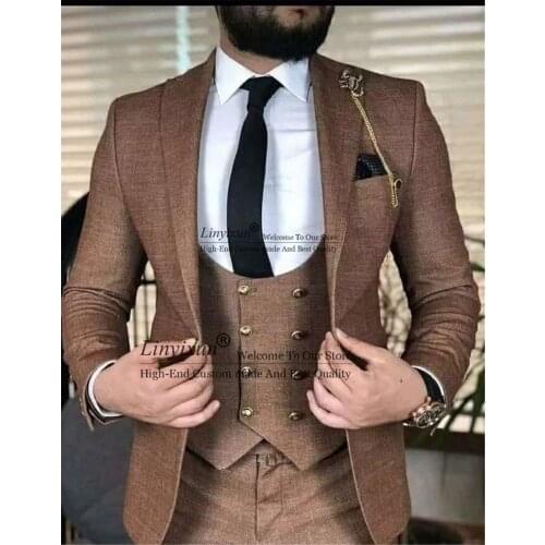 Costume Homme 3 Pieces Brown Groom Tuxedos Men Wedding Suits Peak Lapel Groomsmen Wear Evening Prom Blazer Terno Masculino