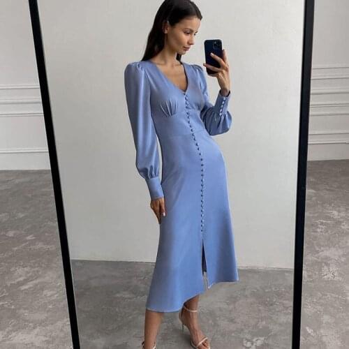 2021 Autumn New Dresses Morandi Color Long-Sleeved V-Neck Dress Womens French Temperament Waist Mid-Length Dress Lantern Sleeve