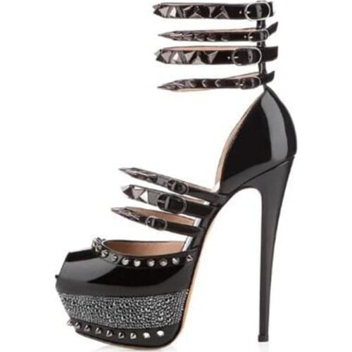 SHOFOO shoes,Beautiful ladys sandals, patent leather, about 14.5cm high heel sandals, womens sandals, large size sandals