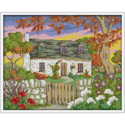 Autumn landscape of courtyard Cross-stitch Embroidery kits, DIY Cross Stitch set Embroidery Suit, Enough Canvas for Embroidery