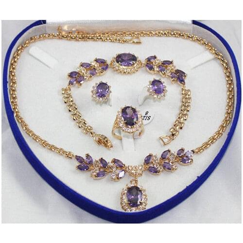 Hot selling> ES0567 shipping Inlay Purple Crystal Necklace Bracelet Ring Earring set AAA 01 (A0425) -Bride jewel