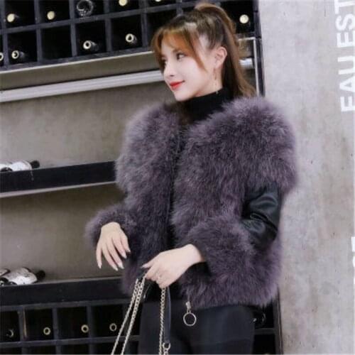 New 2020 Women Winter Short Slim Thick O-Neck Full Sleeve Single zipper Solid Ostrich Feather Faux Fur Coat 897
