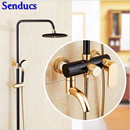 Senducs Space Aluminum Bathroom Shower Set Newly Design Black Gold Bathtub Shower System 8 Inch Black Rainfall Shower Head