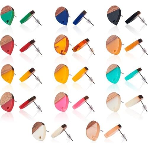 30Pcs/Box Mixed Colors Natural Wood Resin Earrings Teardrop Stud Earring Ear Post For Women Girl DIY Jewelry Making Findings