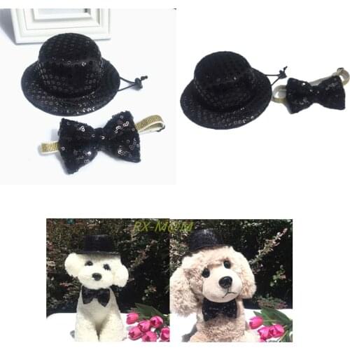 Pet Dog Hat Cap Outdoor Dog Outdoor Dog Sun protection Pet Festive Costume Black Sequined Cylinder Top Hat with Bow Tie Set