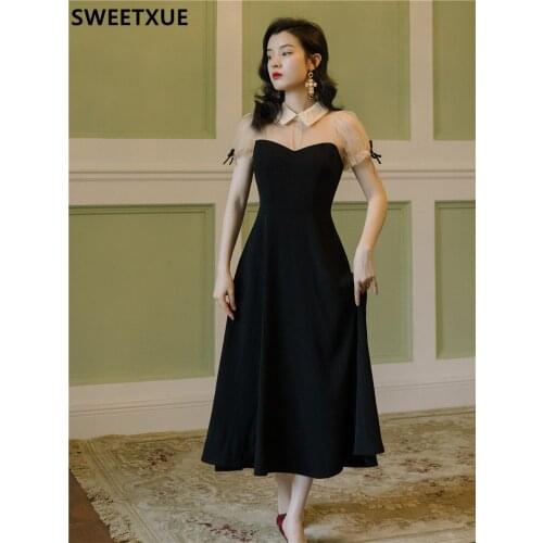 SWEETXUE 2021 Women Summer Vintage Elegant Sweet Lapel Mesh Patchwork Bow Cute Chic Party Dress Lady Vestidos Mujer Fashion