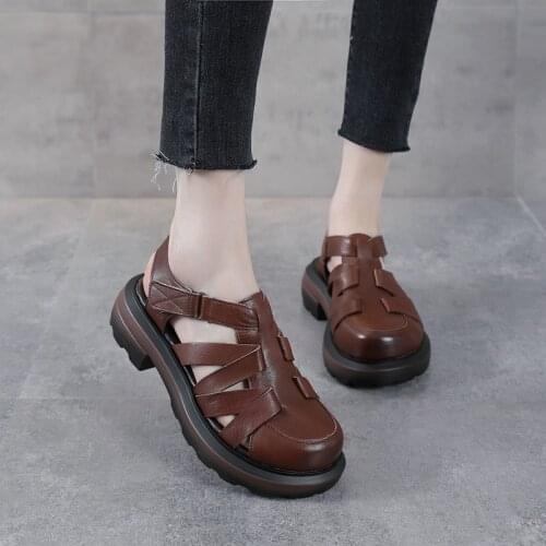 The First Layer of Cowhide Thick-heeled Roman Shoes Leather Retro Hollow Sandals 2021 Summer New Baotou Womens Sandals