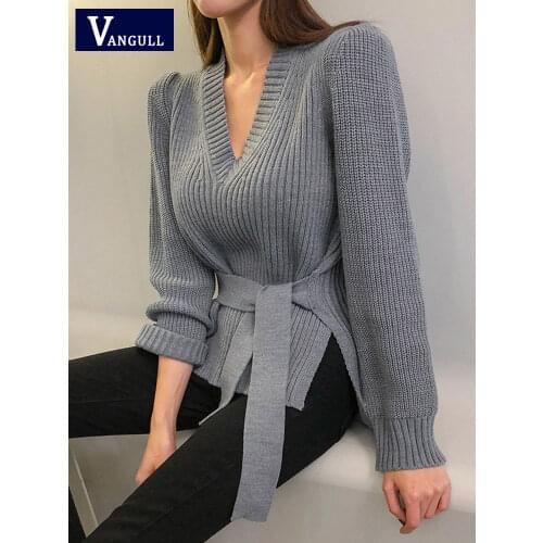 Vangull 2020 New Sexy V-neck Side Split Women Sweaters Vintage Lace Up Knitted Pullovers Femme Autumn Ladies Pullover Jumper