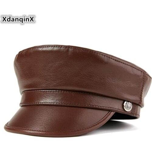XdanqinX Mens Flat Cap Army Military Hat Genuine Leather Hats Autumn Couple Students Hat Elegant Ladies' Sheepskin Leather Caps