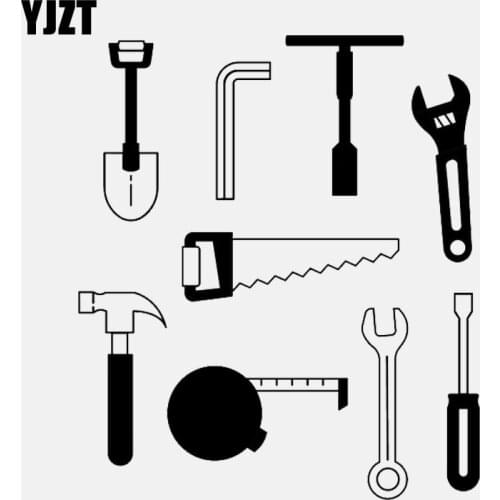 YJZT 14.7CM*16.9CM Shovel Saw Wrench Wrench Hammer Screwdriver Vinly Black/Silver Car Sticker C22-0542
