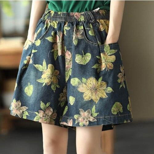 21Summer Denim Shorts Women Sweet Print Loose Washed Vintage High Elastic Waist Female Fashion Wide-Leg Pants
