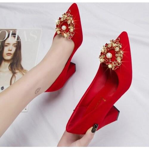 Womens High Heels Four Seasons New Solid Color Gorgeous Rhinestones Frosted Leather Luxury Banquet Mature Fashion Heels W27-06