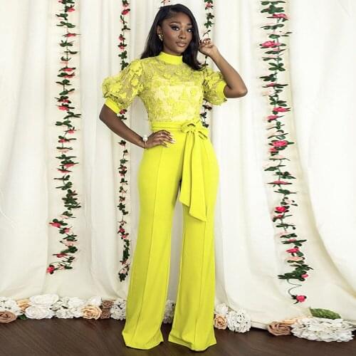 Women Jumpsuit Yellow Mesh Floral Embroidery Puff Sleeve Straight Overall Office Lady Workwear See Through Wide Leg Bodysuits