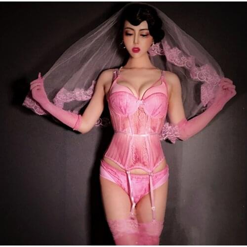 Nightclub Bar Festival Women Singer Gogo Dance Costume Pink Lace Suit Bikini Headdress Wedding Party Outfits Stage Wear VDB2307