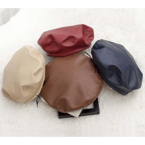Women Hot Vintage Solid PU Leather Beret Hat Fashion Women Solid Color Faux Leather Beanie Beret Cap Warm Flat Painter Hat Cap