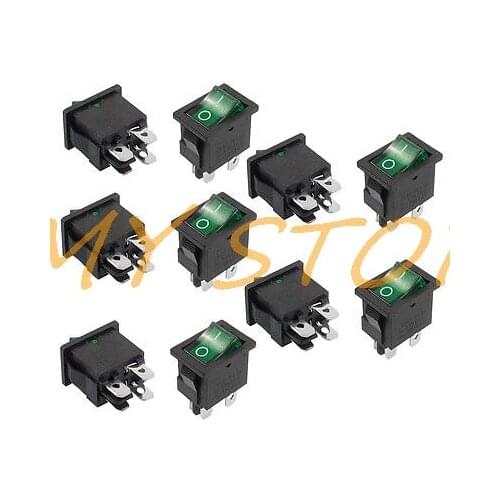 10 Pcs 4 Pin DPST Green Neon Light On/Off Rocker Switch AC 6A/250V 10A/125V