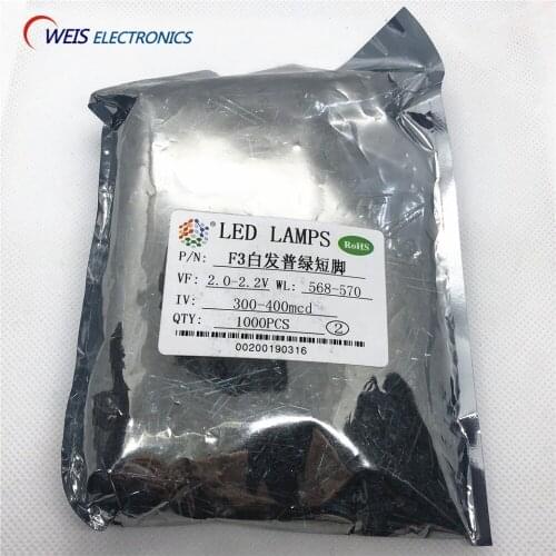 100PCS F3 3MM yellow green DIP LED , water clear , short pins, round 2.0-2.2v 568-570nm 300-400mcd normal green yellow-green