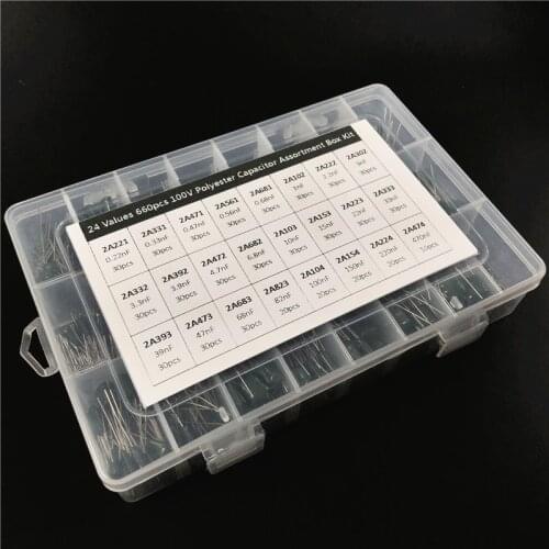 24Value 660pcs capacitor kit 100V 2A221J to 2A474J Polyester Film capacitor Assorted Kit with storage box