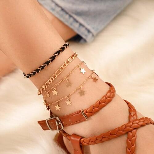 4pcs/set Star Sequins Tassel Anklets Set for Women Bohemian Handmade Rope String Weaving Foot Golden Anklet Female Bracelets