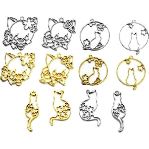 5pcs Sakura Cat Decor Metal Frame Jewelry Fillings Pendant Accessory DIY Charms Handmade Gold Silver UV Resin Open Bezels Craft