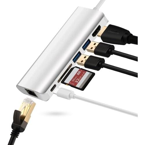 6 in 1 USB -C Type C to 4K HDMI Rj45 Ethernet SD/TF Card Reader 2 USB 3.0 Hub Type C PD Charging Adapter for Macbook