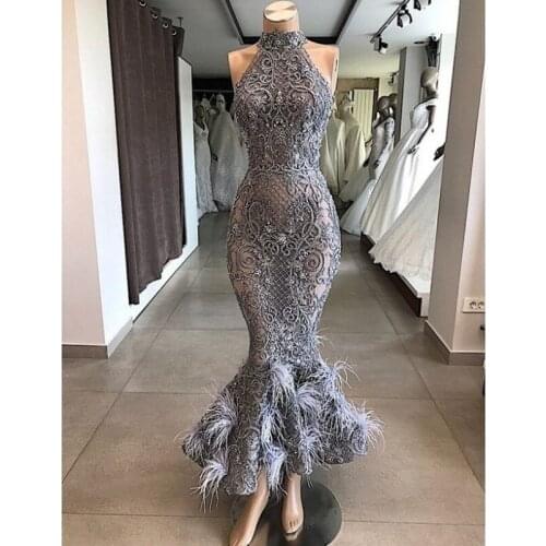 Arabic Wear Party Dress Ostrich Evening Dress Gray Robe De Soireee Dubai Evening Gowns Mermaid Appliqued vestido de festa