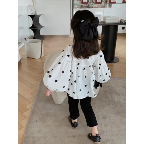 Baby Girls Blouse Autumn New Korean Kids Dots Print Cotton Shirts Cute Puff Sleeve Shirts for Girls 2-8 Y Childrens Clothing