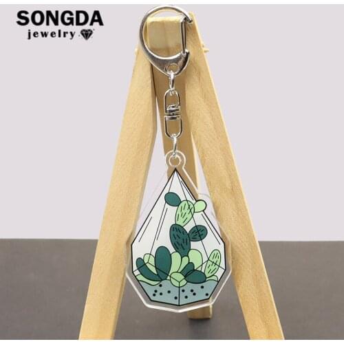 Green Potted Plant Keychain Terrarium Cactus Aloe Pattern Acrylic Key Ring Trendy Key Holder Bag Pendant Accessories Cure Gifts