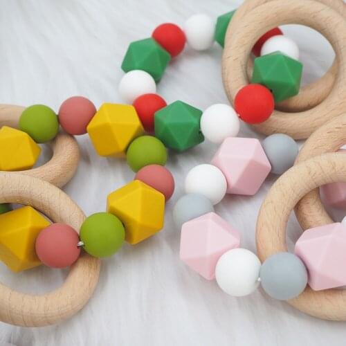 Chenkai 5pcs Wood Silicone Teether Ring Nature Baby Rattle Grasping Fidget Toy DIY Organic Eco-friendly Wood Gift Accessories