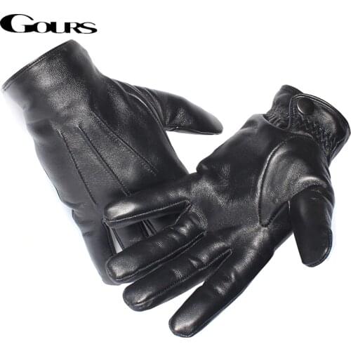 Gours Mens Genuine Leather Gloves Real Sheepskin Black Touch Screen Gloves Button Fashion Brand Winter Warm Mittens New GSM050