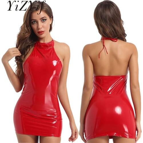 Hot Womens Wetlook Sexy Mini Dress Patent Leather Skinny Cocktail Party Dresses Bodycon Mini Dress for Exotic Clubwear Costumes