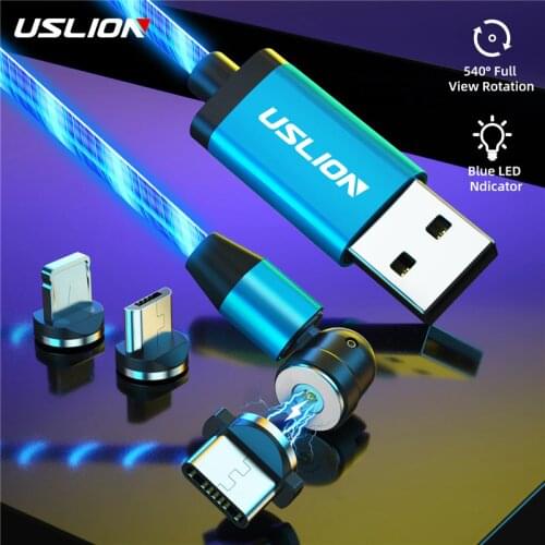 USLION New 540° Magnetic USB Cable Streamer LED Charging Type C Cable Charger Micro Magnetic Phone USB Cord For iPhone Samsung