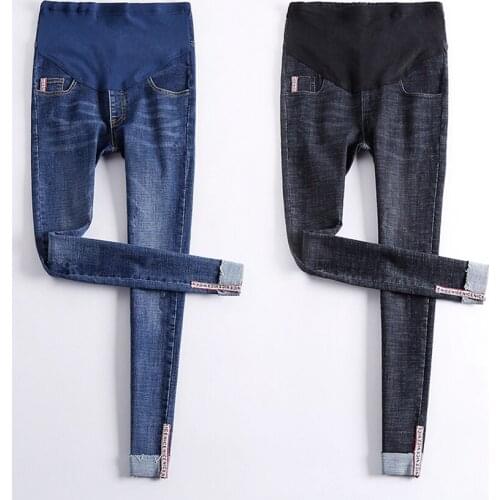 Fashion pregnant women jeans spring and autumn models pregnant women denim high elastic belly pants feet pants casual maternity