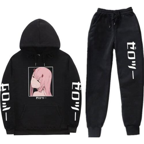 MenS Sets Two Hoodie Darling In The Franxx Print MenS Woman Sets 2 Pieces Sets Tracksuit Winter Hoodies Sweatshirt+Drawstring